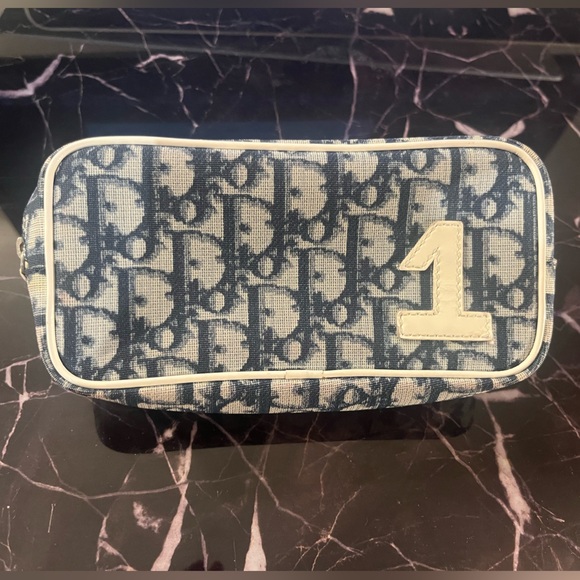 CHRISTIAN DIOR #1 Trotter Pouch — Navy + Gray Canvas w/ White Piping — GUC - Picture 1 of 11
